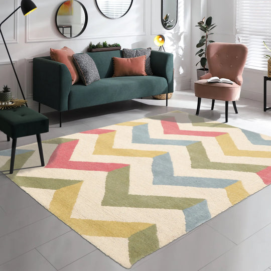 LoomBloom 3'x5' Ivory Hand Tufted Modern Chevron Wool Oriental Area Rug