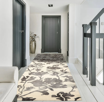 Runner Ivory, Gray, Color Hand Tufted Floral Wool Contemporary Oriental Rug