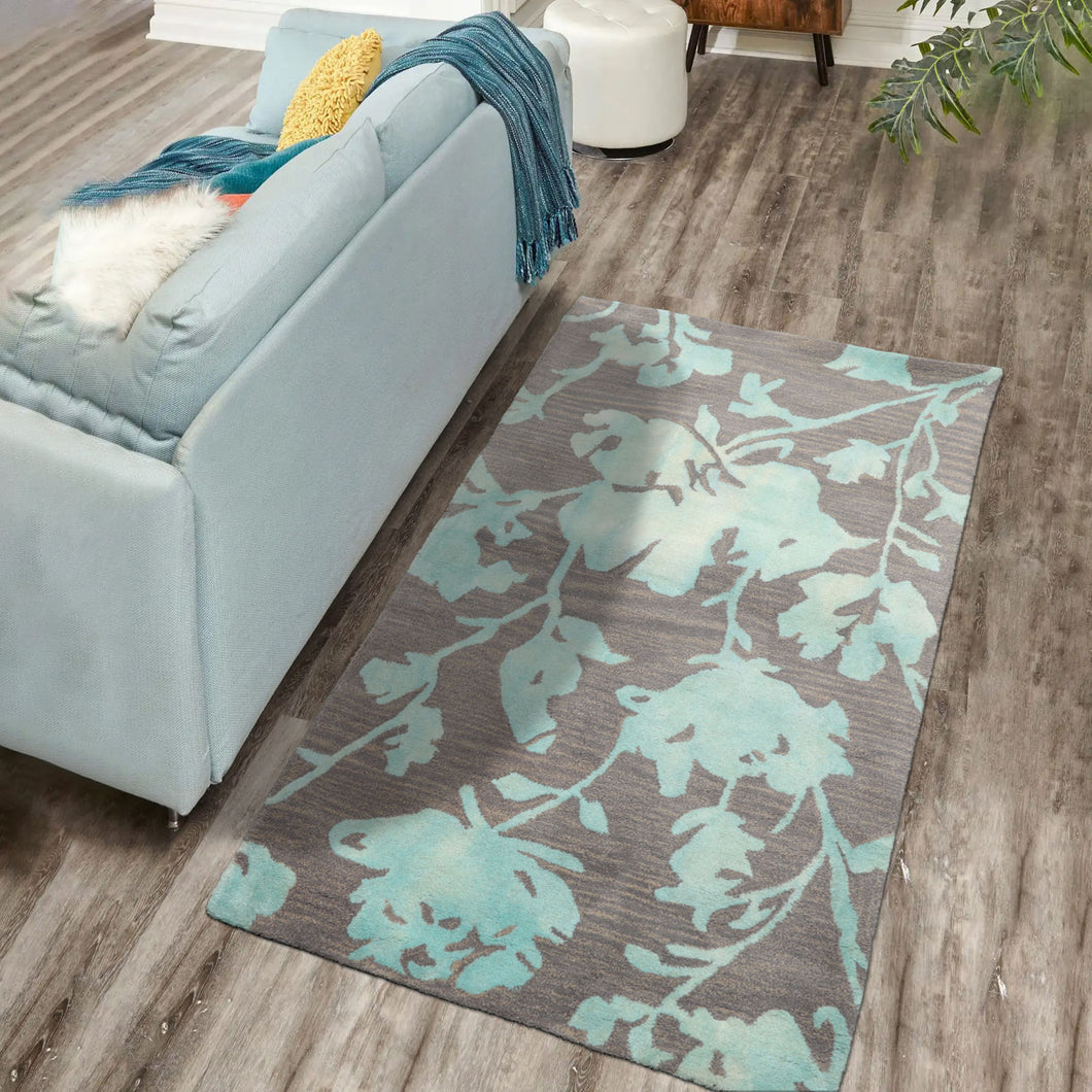 3x5 Taupe, Aqua, Color Hand Tufted Floral Wool Contemporary Oriental Rug