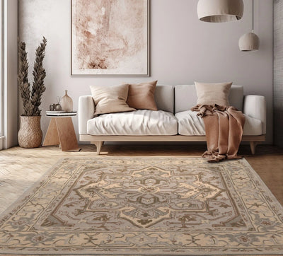 Square Gray Moss Beige Color Hand Tufted Geometric Wool Traditional Oriental Rug