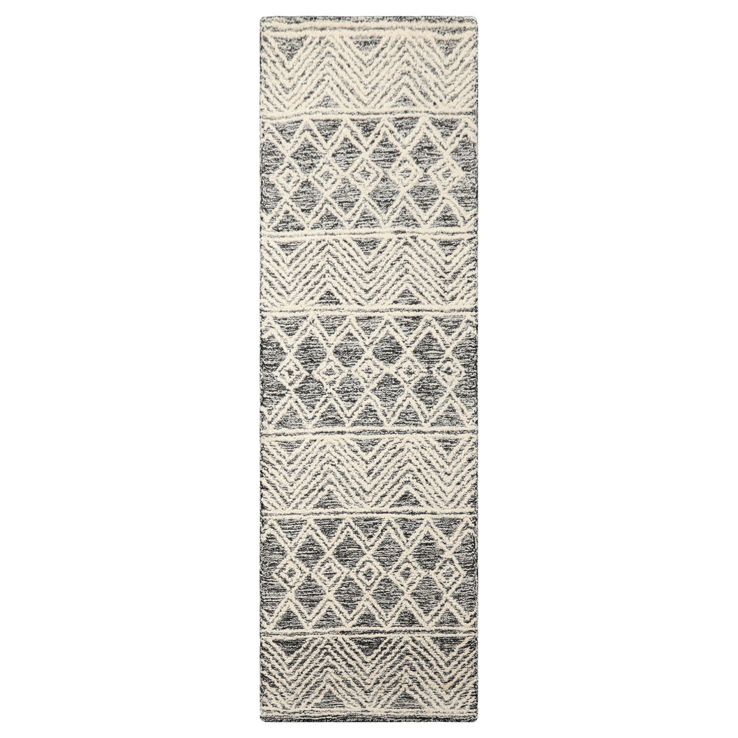 Runner Black White Color Hand Tufted Geometric Wool Transitional Oriental Rug