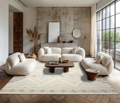 8x10 Ivory Charcoal Blue Color Hand Tufted Geometric Wool Transitional Oriental Rug