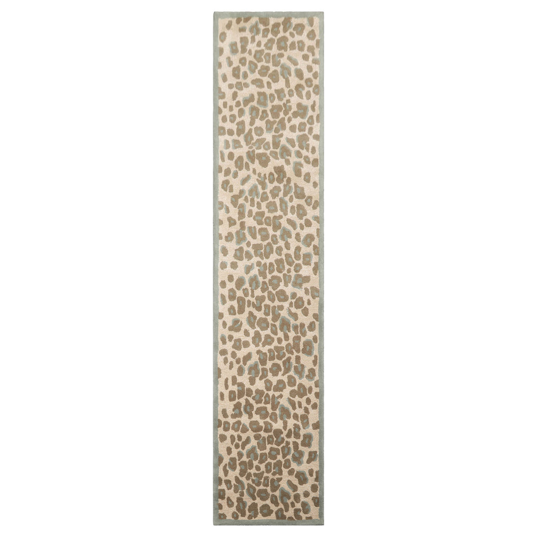 Runner Tan Brown Celadon Color Hand Tufted Leopard Print Wool and Bamboo Silk Modern Oriental Rug