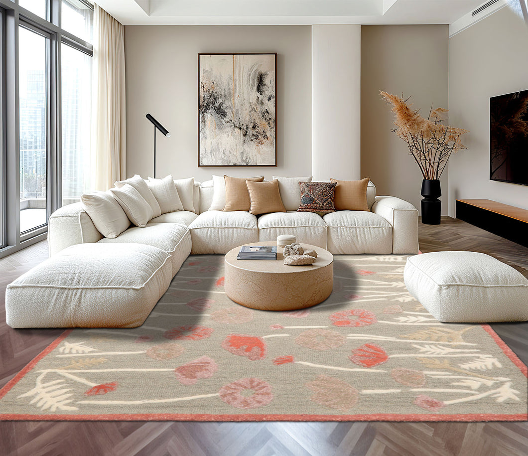 4x6 Gray Beige Coral Rose Color Hand Tufted Floral Wool and Faux Silk Contemporary Oriental Rug