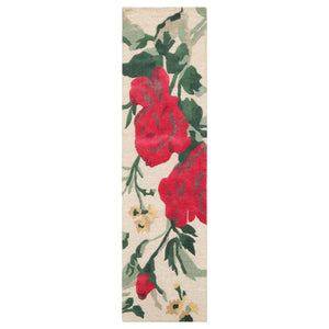 Runner Beige Green Ruby Red Color Hand Tufted Floral Wool and Faux Silk Contemporary Oriental Rug