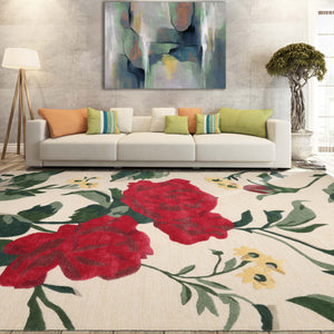 9x12 Beige Green Ruby Red Color Hand Tufted Floral Wool and Faux Silk Contemporary Oriental Rug