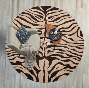 Round Beige Brown Color Hand Tufted Zebra Print Wool Modern Oriental Rug