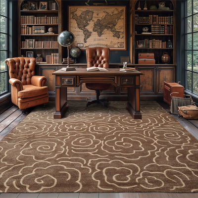 8x10 Brown Beige Ivory Color Hand Tufted Floral Wool and Faux Silk Contemporary Oriental Rug