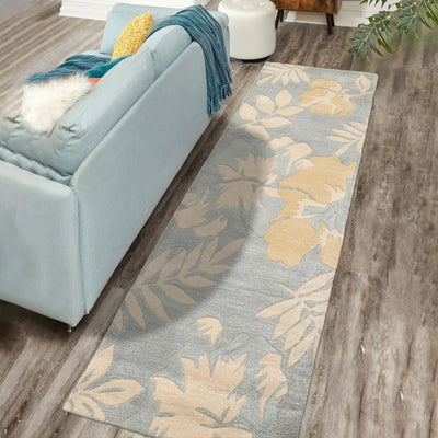 Runner Gray Blue Beige Color Hand Tufted Floral Wool and Faux Silk Transitional Oriental Rug