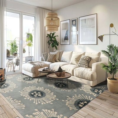 Square Celadon Ivory Blue Color Hand Tufted All-over Wool Contemporary Oriental Rug