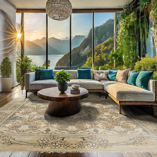 Multi Size Beige Hand Knotted William Morris Tulip Arts and Craft Oushak 100% Wool Oriental Area Rug