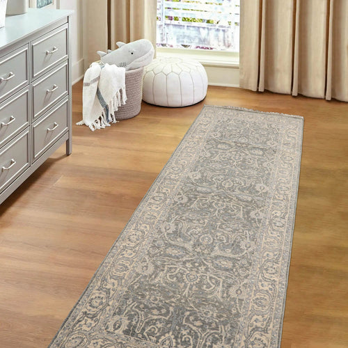Runner Moss, Beige, Gray Color Hand Knotted Oriental Wool Traditional Oriental Rug
