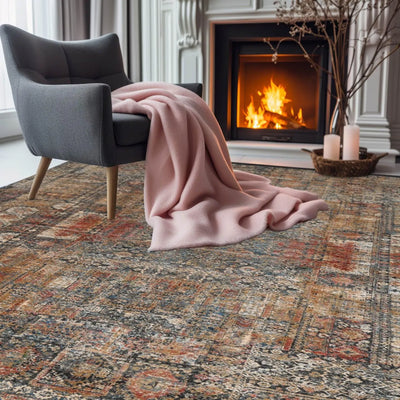 5x7 Beige, Blue, Rust Color Machine Made All-Over Wool and Bamboo Silk Transitional Oriental Rug