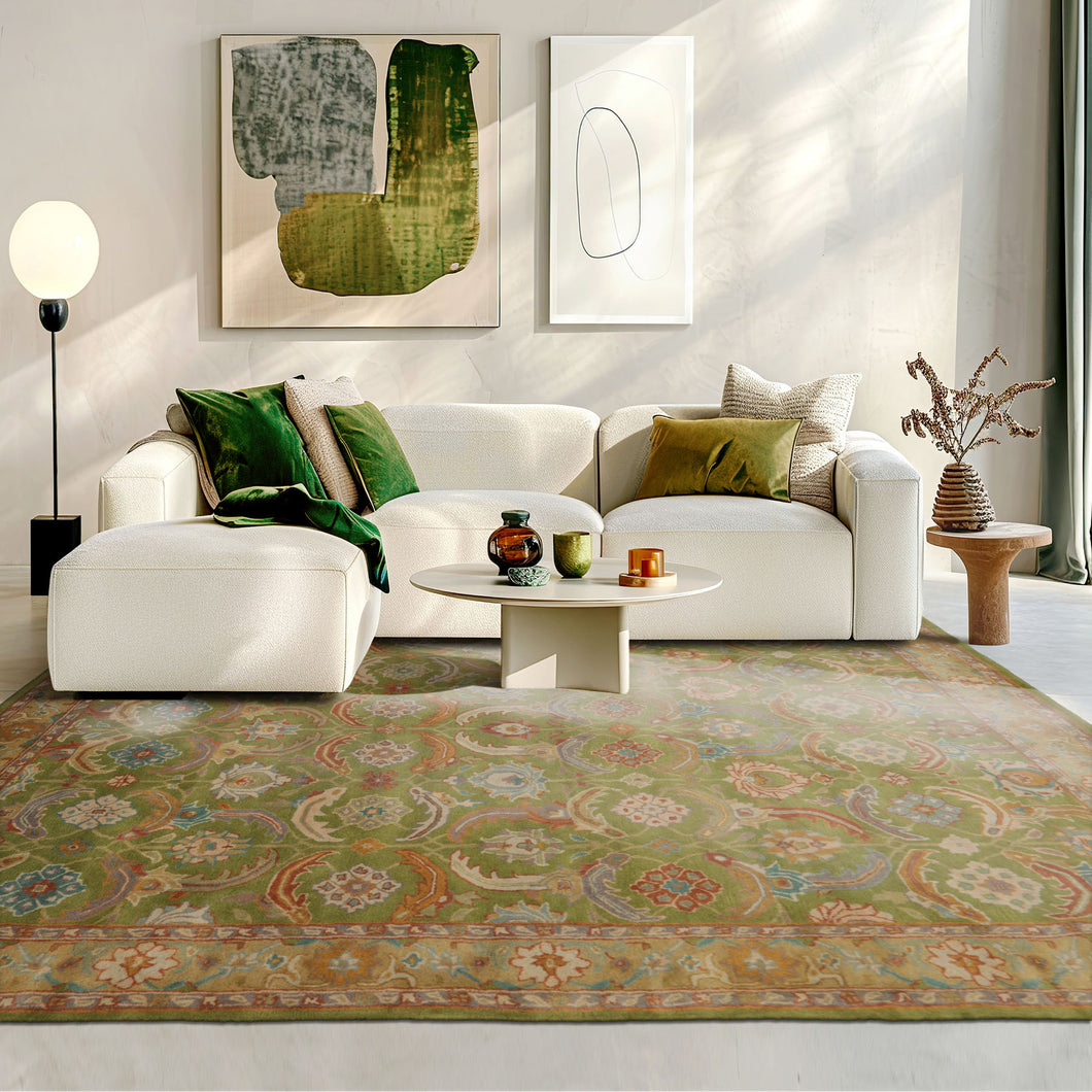 8x10 Green Tan Burnt Orange Color Hand Tufted Oriental Wool Traditional Oriental Rug