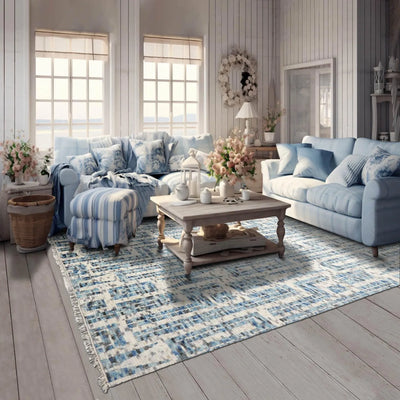 8x10 Ivory, Blue, Gray Color Hand Knotted Tibetan Wool Contemporary Oriental Rug