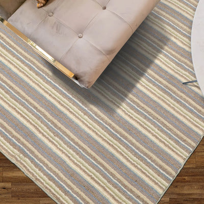 5x7 Ivory Taupe Blue Color Hand Woven Striped New Zealand Wool Contemporary Oriental Rug