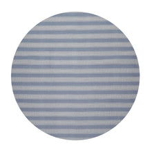 Round Tone on Tone Blue Color Hand Woven Striped New Zealand Wool Modern Oriental Rug