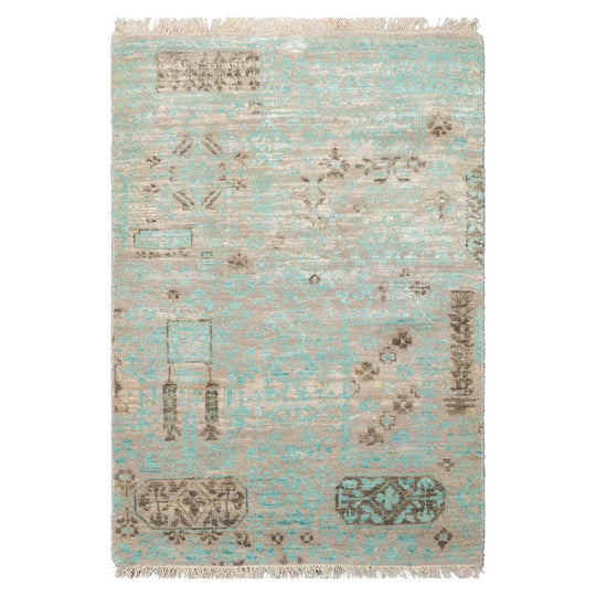 2'x3' Turquoise Hand Knotted Tibetan Modern Abstract  Wool and Bamboo Silk Oriental Area Rug