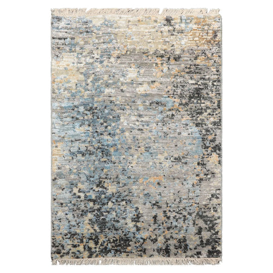 2'x3' Gray Hand Knotted Tibetan Modern Abstract Wool and Bamboo Silk Oriental Area Rug