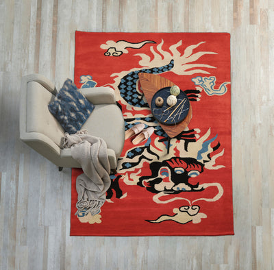 loomBloom 3x5 Orange Hand Tufted Pictorial Transitional Chinese Art Deco Dragon & Phoenix Wool Oriental Area Rug