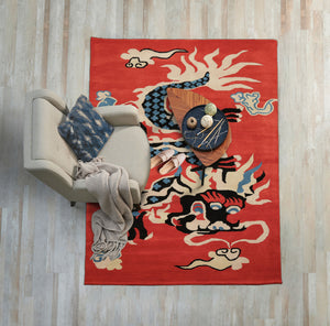 loomBloom 3x5 Orange Hand Tufted Pictorial Transitional Chinese Art Deco Dragon & Phoenix Wool Oriental Area Rug