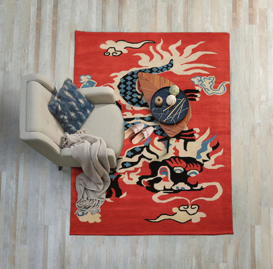 loomBloom 3x5 Orange Hand Tufted Pictorial Transitional Chinese Art Deco Dragon & Phoenix Wool Oriental Area Rug