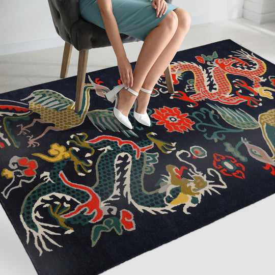 loomBloom 3x5 Navy Hand Tufted Pictorial Transitional Chinese Art Deco Dragon & Phoenix Wool Oriental Area Rug