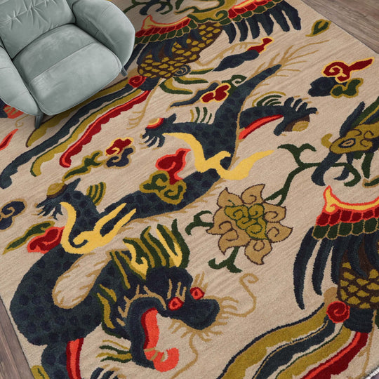 loomBloom 3x5 Cream Hand Tufted Pictorial Transitional Chinese Art Deco Dragon & Phoenix Wool Oriental Area Rug