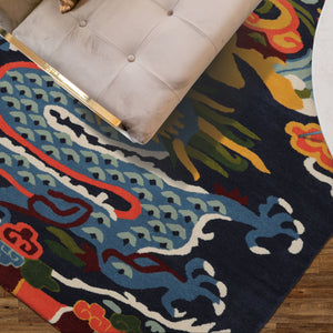 Multi Size Navy Coral Gold Color Hand Tufted Pictorial Wool Transitional Oriental Rug