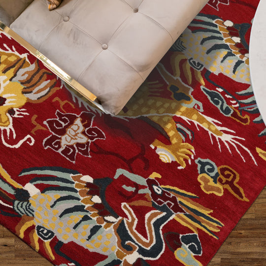 loomBloom 3x5 Red Hand Tufted Pictorial Transitional Chinese Art Deco Dragon & Phoenix Wool Oriental Area Rug