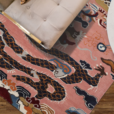 loomBloom 3x5 Pink Hand Tufted Pictorial Transitional Chinese Art Deco Dragon & Phoenix Wool Oriental Area Rug