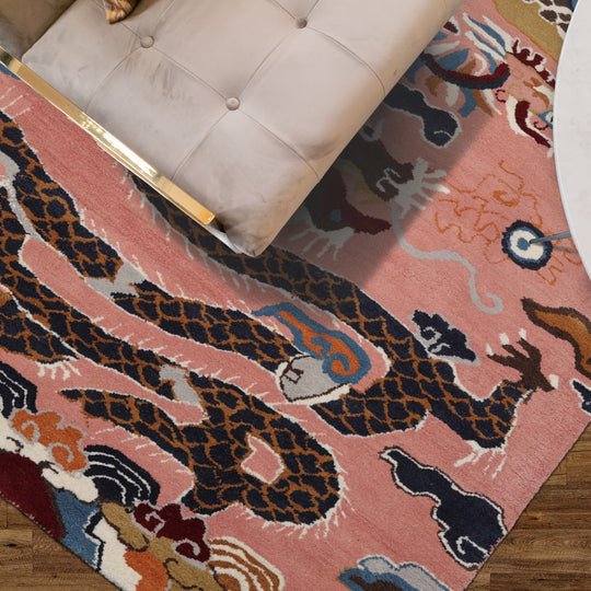 loomBloom 3x5 Pink Hand Tufted Pictorial Transitional Chinese Art Deco Dragon & Phoenix Wool Oriental Area Rug
