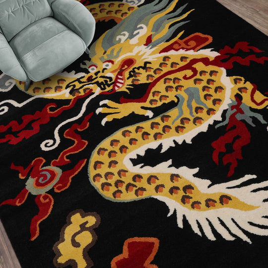 loomBloom 3x5 Black Hand Tufted Pictorial Transitional Chinese Art Deco Dragon & Phoenix Wool Oriental Area Rug