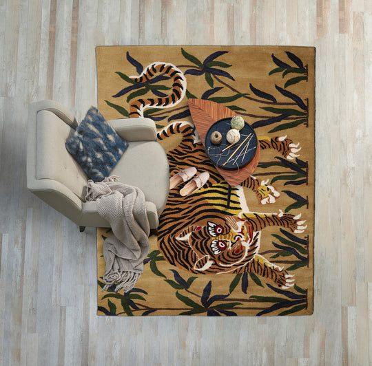 loomBloom 3x5 Muddy Gold Hand Tufted Pictorial Transitional Tiger Print Wool Oriental Area Rug