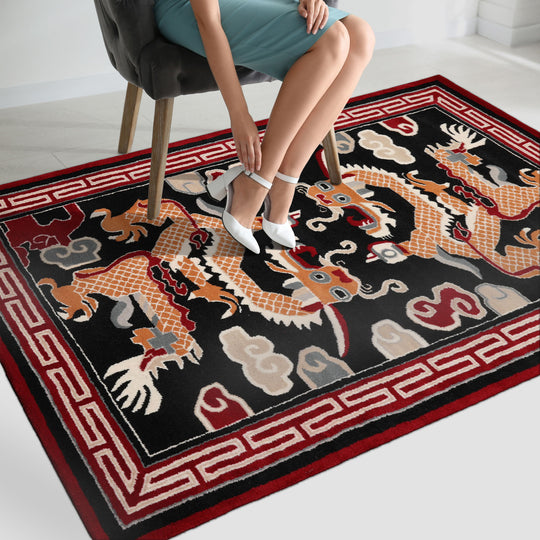 loomBloom 3x5 Black Hand Tufted Pictorial Traditional Chinese Art Deco Dragon & Phoenix Wool Oriental Area Rug