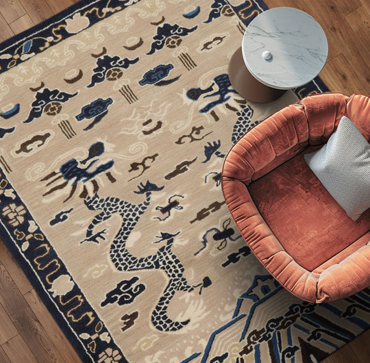 loomBloom 3x5 Cream Hand Tufted Pictorial Transitional Chinese Art Deco Dragon & Phoenix Wool Oriental Area Rug