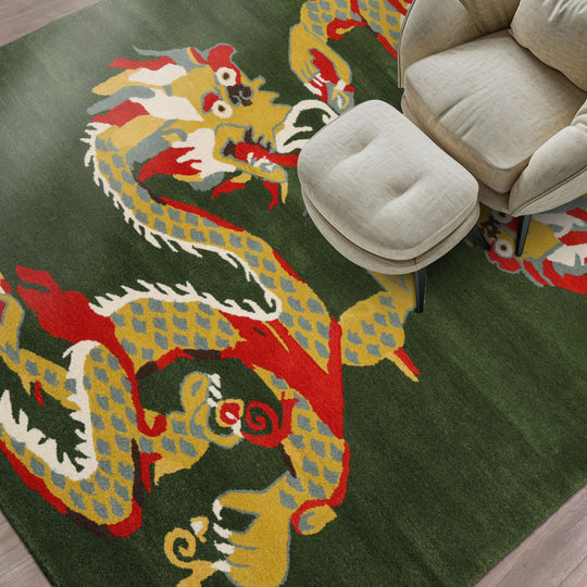 loomBloom 3x5 Green Hand Tufted Pictorial Transitional Chinese Art Deco Dragon & Phoenix Wool Oriental Area Rug