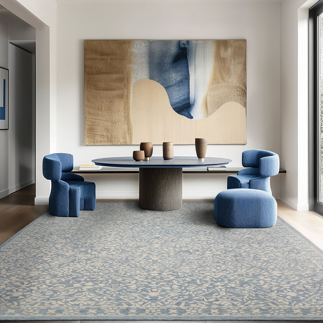 5x8 Blue Ivory Color Hand Hooked All-Over Wool Transitional Oriental Rug
