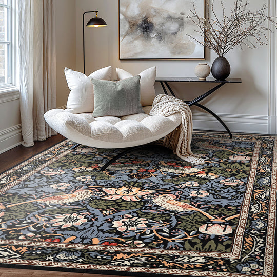 Multi Size Hand Tufted Wool Black William Morris Arts & Crafts Plush Pile Rug