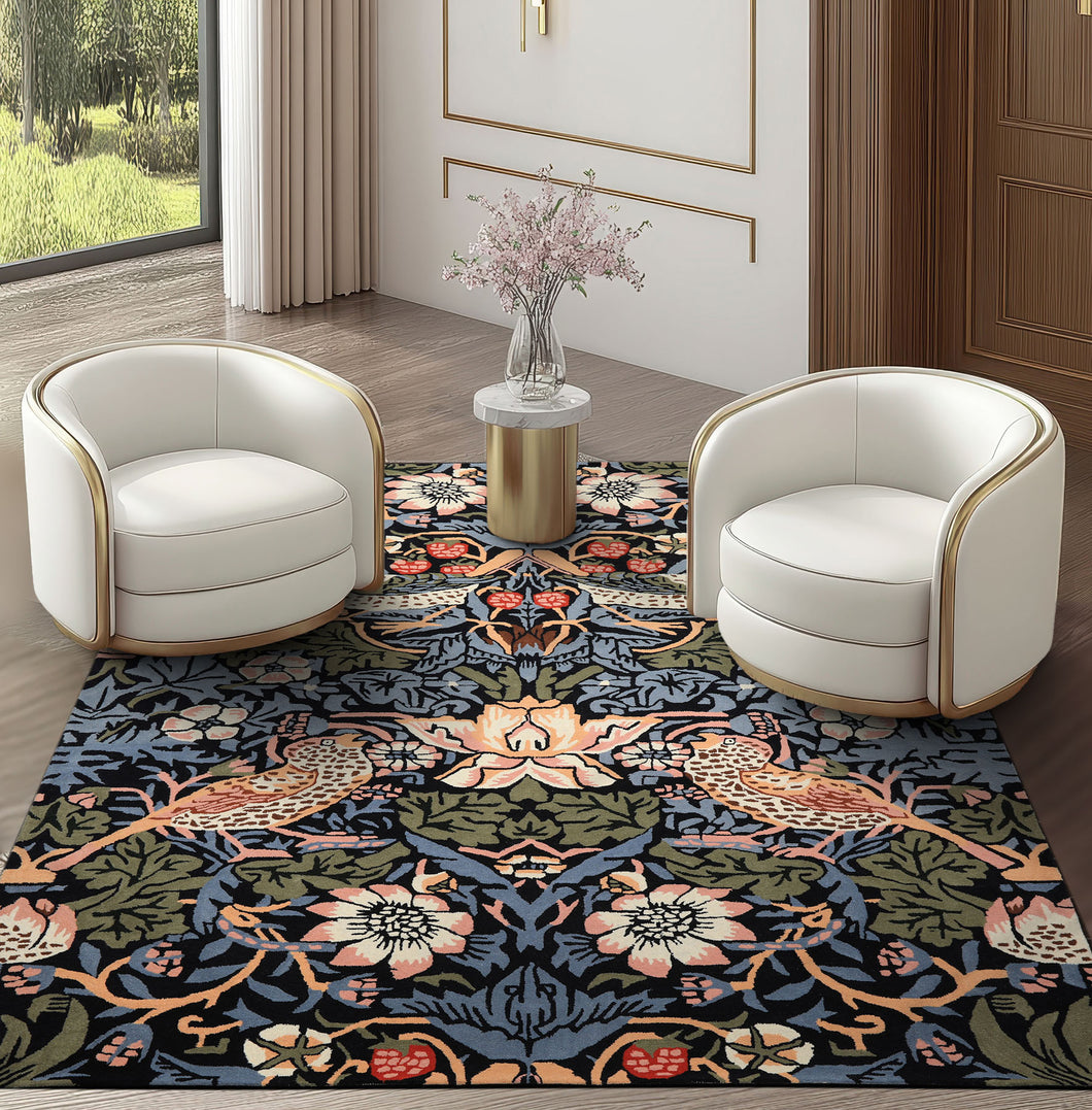 Multi Size Black Blue Ivory Color Hand Tufted William Morris Wool Arts & Crafts Oriental Rug