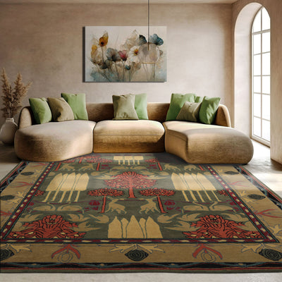 8x10 Green, Gold, Blush Color Hand Tufted Pictorial Wool Arts & Crafts/Mission Oriental Rug