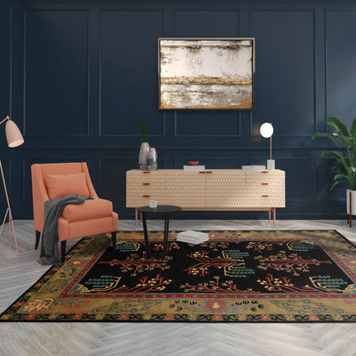 5x8 Black, Pistachio, Coral Color Hand Tufted Donegal Wool Traditional Oriental Rug