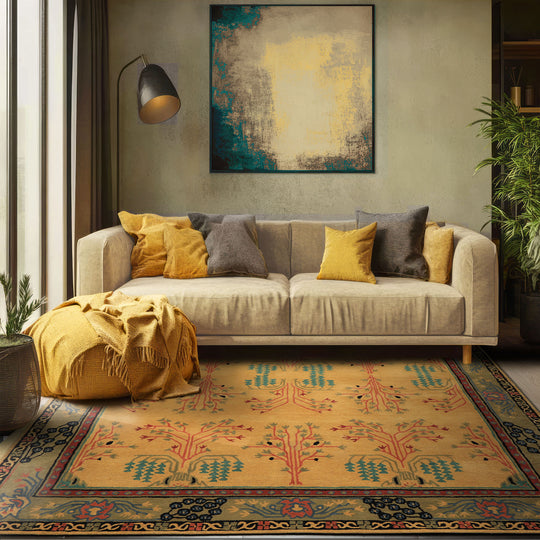 Multi Size Hand Tufted Wool Gold Donegal Arts & Crafts Plush Pile Rug