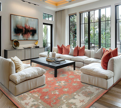 8x10 Orange Ivory Sage Color Hand Hooked Handmade Wool Transitional Oriental Rug