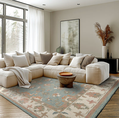 8x10 Aqua Ivory Peach Color Hand Hooked Handmade Wool Transitional Oriental Rug