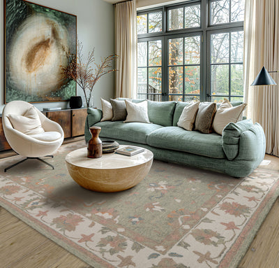 8x10 Sage Ivory Tan Color Hand Hooked Handmade Wool Transitional Oriental Rug