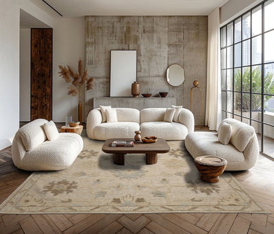 8x10 Ivory, Brown, Gray Color Hand Knotted Embossed Look Wool Transitional Oriental Rug