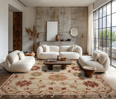 8x10 Beige, Rust, Olive Green Color Hand Knotted Ornamental Frange Wool Transitional Oriental Rug