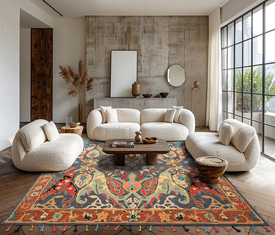 Multi Size Hand Tufted Wool Blue, Caramel Handmade Boho Arts & Crafts Plush Pile Rug