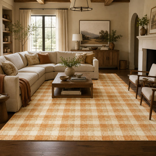 Multi Size Hand Hooked Wool Ivory, Caramel Contemporary Sedona Plaid Loop Pile Rug